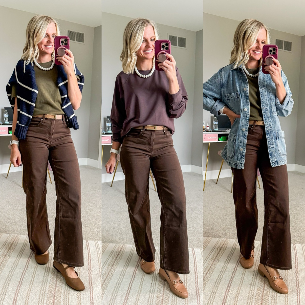 Fall Capsule 2026 🍂 Three ways I'm styling my brown wide-leg pants! This is look 5 of 7 with this piece — my 20-piece capsule mixes and matches into 120 outfits. Which one is your favorite?! Shop the pieces on my LTK! 🤎 

 #fallcapsulewardrobe #capsulewardrobe #falloutfits #fallfashion #petitestyle #affordablefashion #ltkstyle #ltkfall