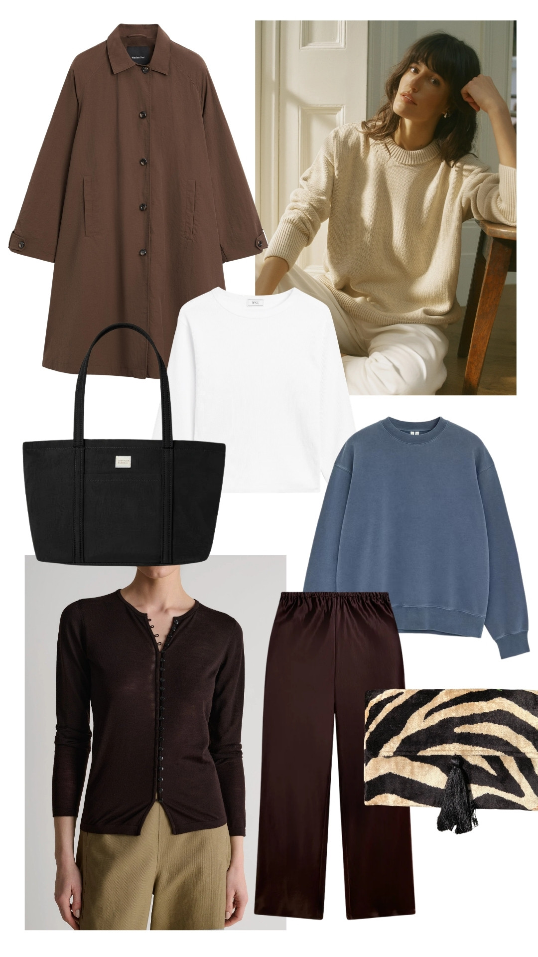 Most loved by you. Spring layers, a chocolate cape trench coat styled with a neutral wool jumper or classic long sleeve t-shirt, effortless work from home pieces and a fun zebra print bag 

 #LTKspring #LTKworkwear #LTKstyletip