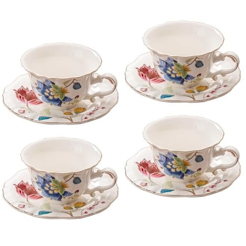 Jomop Ceramic Tea Cups Coffee Cup and Saucers Set of 4 (Blue and Red) | Amazon (US)