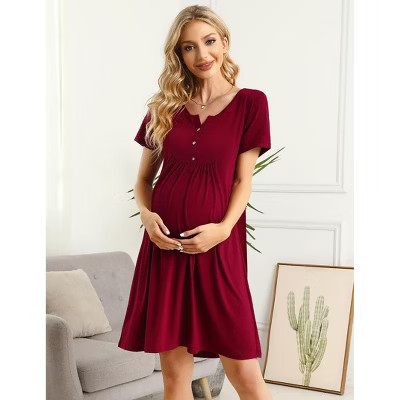 Coolmee Womens Maternity Dress Short Sleeve Midi Summer Dresses Nursing Casual Solid Color Button Down Breastfeeding Dress Clothes Burgundy L | Target