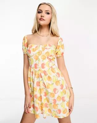 Miss Selfridge poplin corset puff sleeve mini dress in citrus fruit print | ASOS (Global)