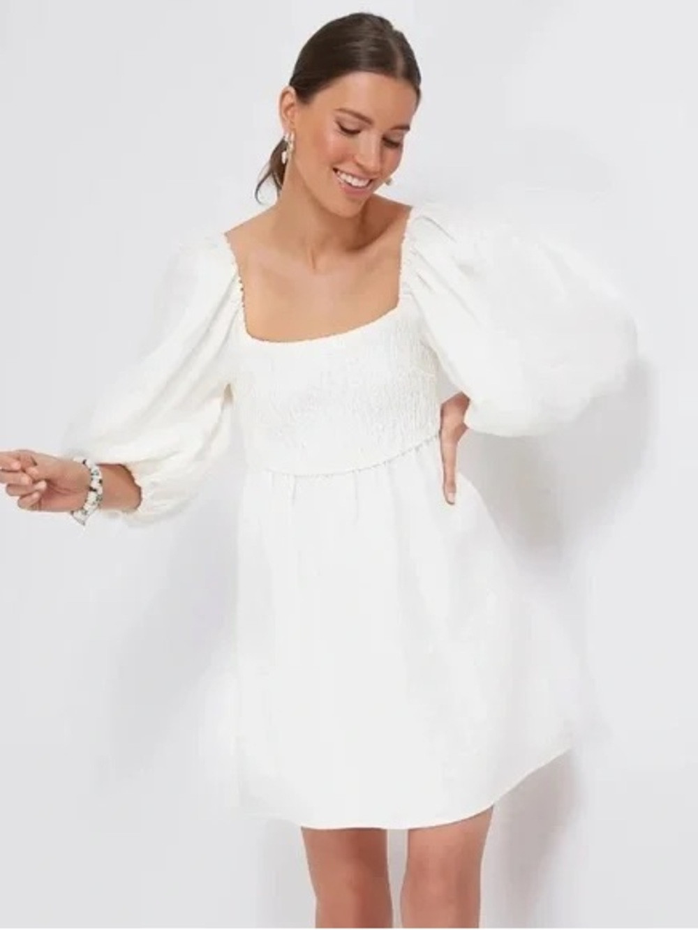 Tuckernuck Annie Smocked Mini Dress White Linen Puff Sleeve Cottagecore Size S | Poshmark