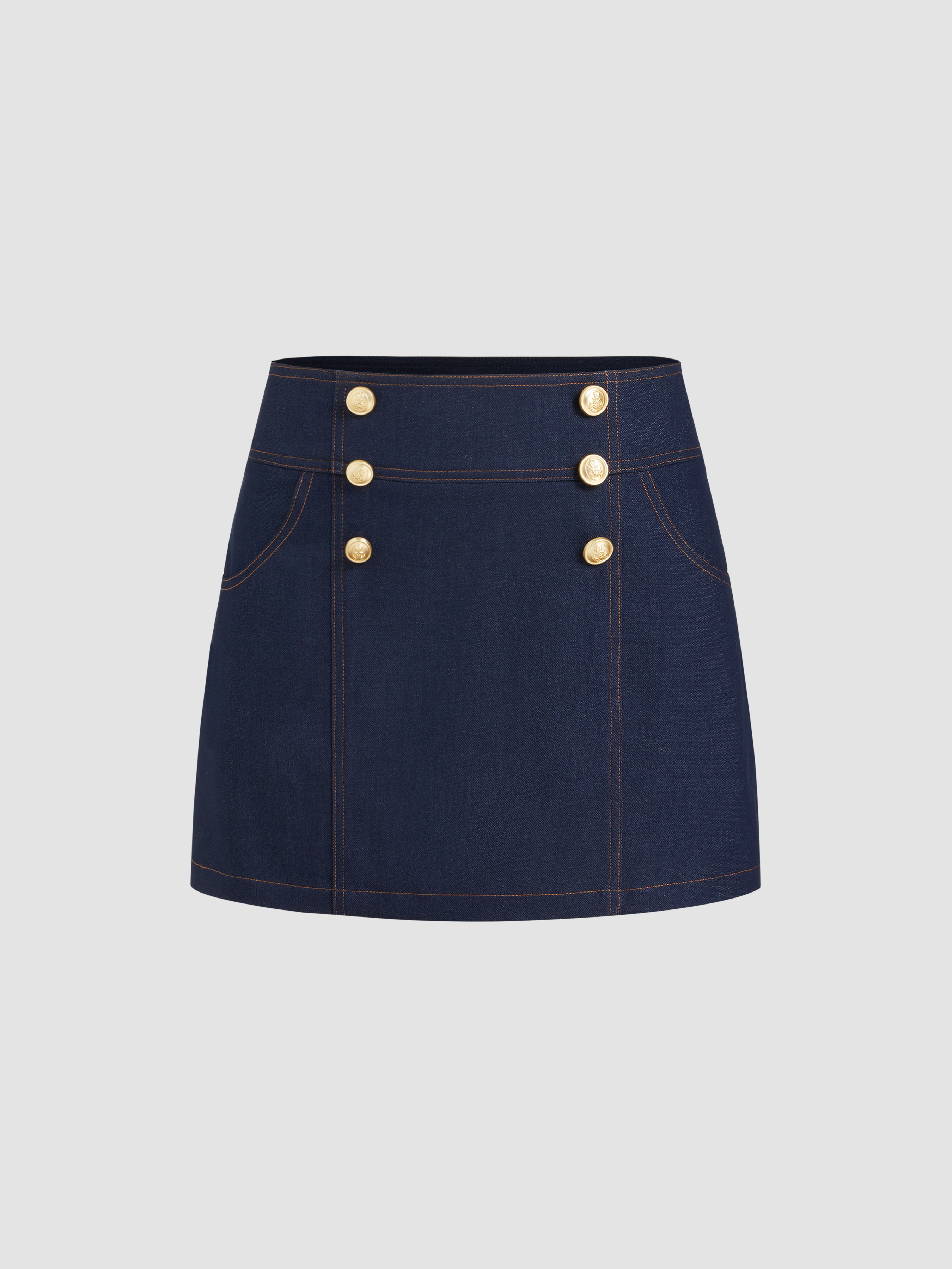 Woven Mid Rise Solid Pocket Button Mini Skirt For Daily Casual | Cider