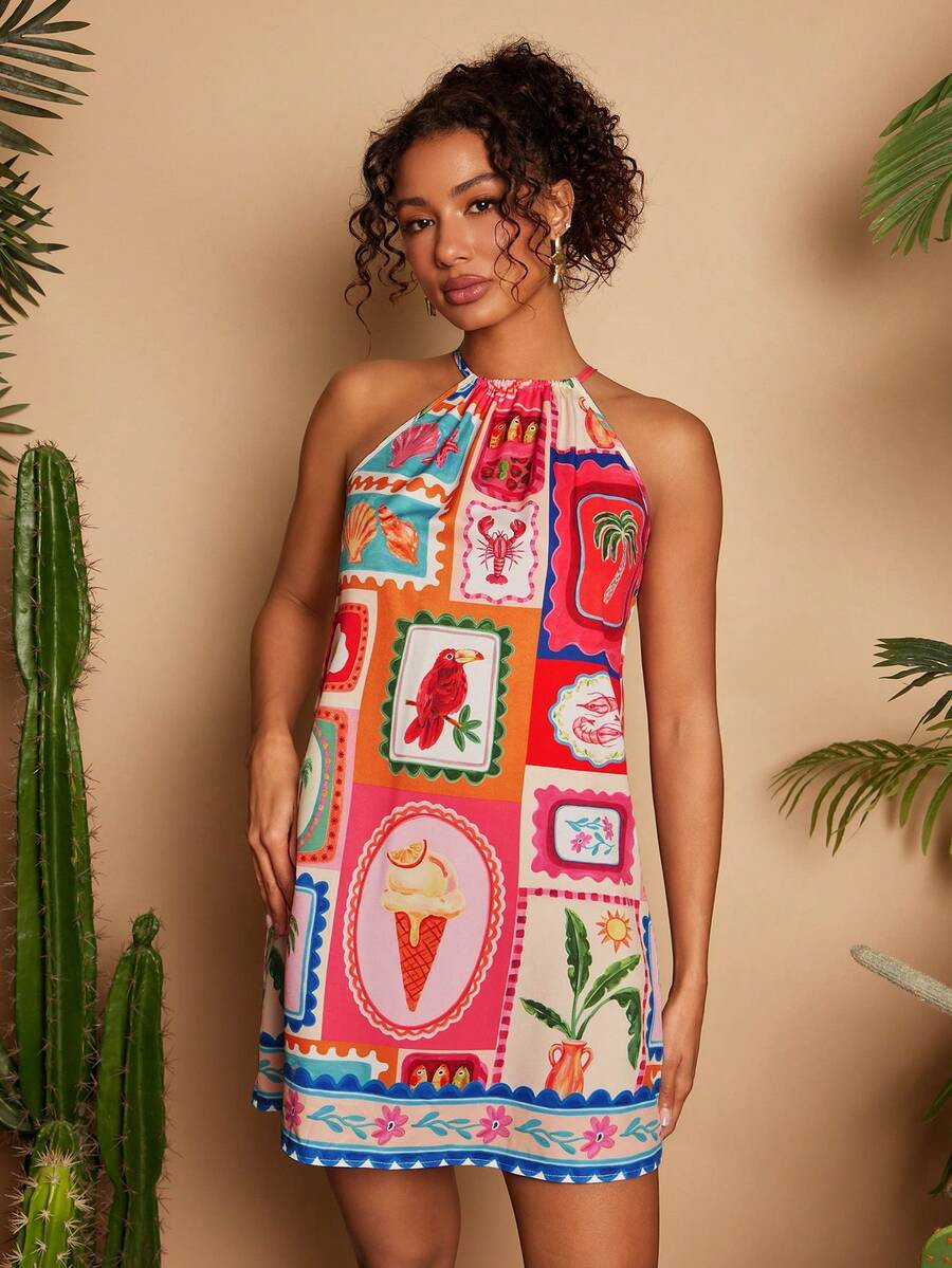 Travachic Women's Summer Ocean Pattern Vacation Beach Halter Dress,Tropical Parrot Pattern,Suitab... | SHEIN