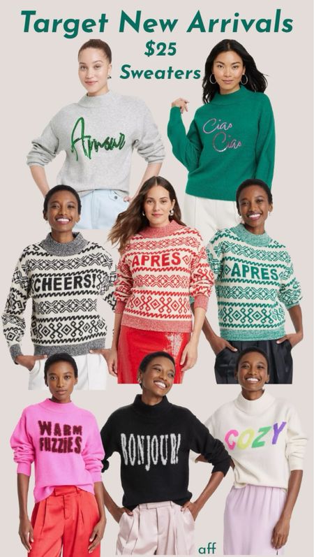 Target New Arrivals! These sweaters are all $25, come XS-4X, and are so chic for the price! I ordered the Bonjour! sweater, and I cannot believe the quality!
……………..
crewneck pullover sweater, ciao sweater, amour sweater, bonjour sweater, cozy sweater, graphic sweater, target new arrivals, target sweater, apres sweater, anthrpologie dupe, Paris sweater, fall sweater, fall trends, winter trends, fall outfit, winter outfit, fall sweater, winter sweater, KJP sweater dupe, sweater under $50, sweater under $25, sweater under $30, plus size sweater, pink sweater, black sweater, green sweater, graphic print sweater, new England sweater, mock neck sweater, mock neck top, fair aisle sweater Kiel James Patrick sweater dupe, Kiel James Patrick dupe, cheers sweater, christmas sweater, Christmas gift under $25, christmas gift under $50, fairisle sweater, soft sweater 

#LTKHoliday #LTKstyletip #LTKGiftGuide