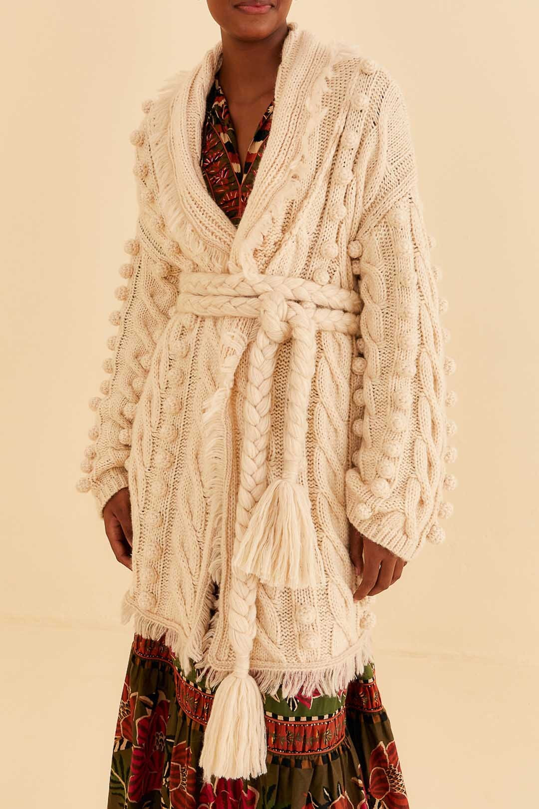 Khaki Braided Knit Cardigan | FarmRio (US)