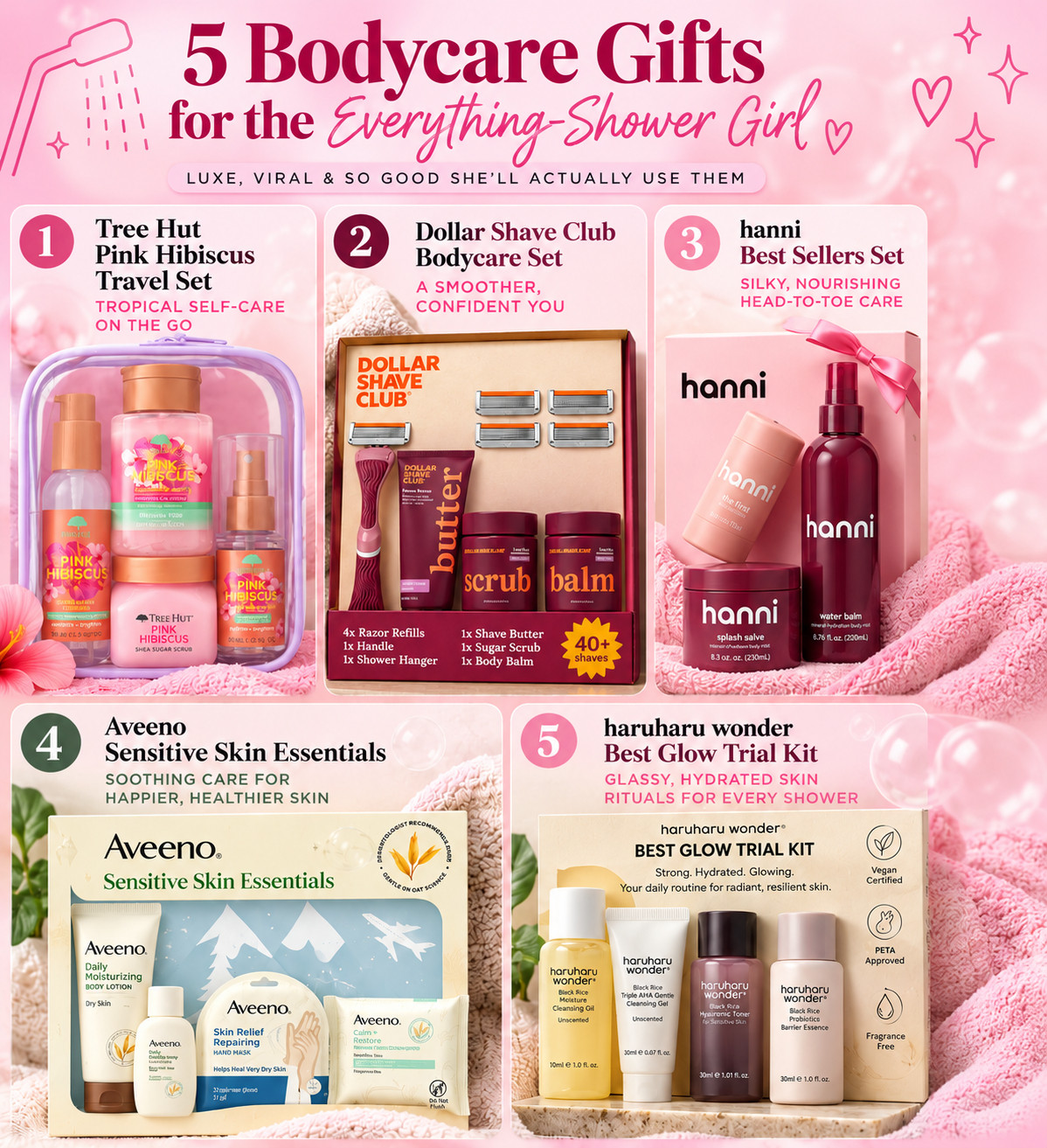 If her “quick shower” somehow turns into a 12-step bodycare routine… THIS is her gift guide. 🫧🎀 

These are the shower + bodycare sets she’ll actually be excited to unwrap — viral favorites, smooth-skin staples + little self-care luxuries.

🌺 Tree Hut Pink Hibiscus Travel Set — tropical bodycare  
🪒 Dollar Shave Club Bodycare Set — smooth-skin routine  
💗 hanni Best Sellers Set — luxe head-to-toe care  
🌿 Aveeno Sensitive Skin Essentials — soothing everyday care  
✨ haruharu wonder Best Glow Trial Kit — K-beauty glow routine  

Basically, if she takes her everything shower seriously, start here. 💕

📌 Save for bodycare gifts + beauty gift ideas!

Everything is Linked! ↓ 

 #LTKSaleAlert #LTKBeauty #LTKTravel