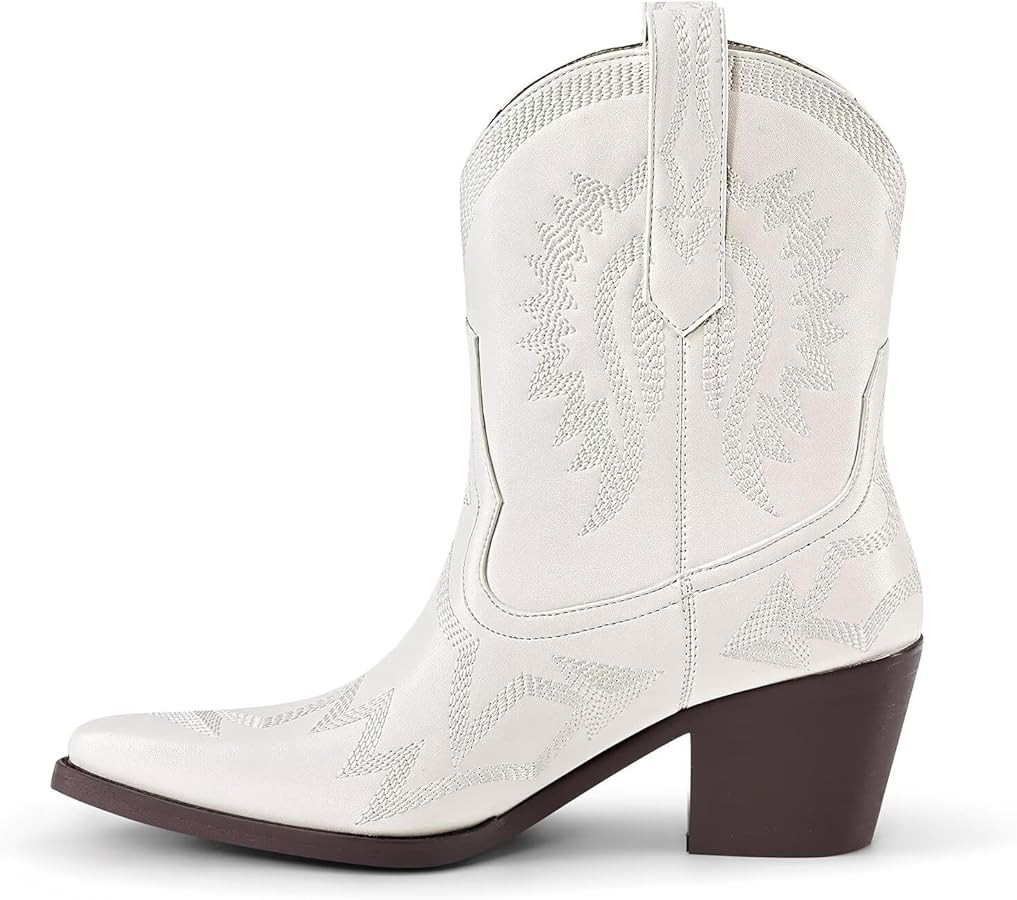 Metallic Embroidered Cowgirl Boots For Women Pointed Toe Western Boots Chunky Heel Pull On Short ... | Amazon (US)