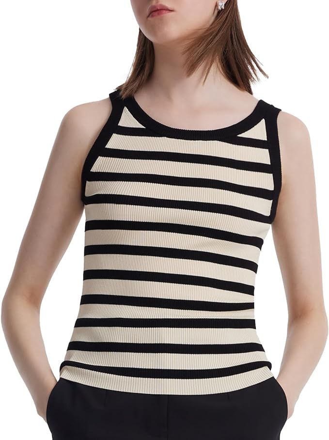 Womens Tank Tops Striped Crew Neck Sleeveless Knit Ribbed Basic Cami Shirts for Daily Casual Wear | Amazon (US)