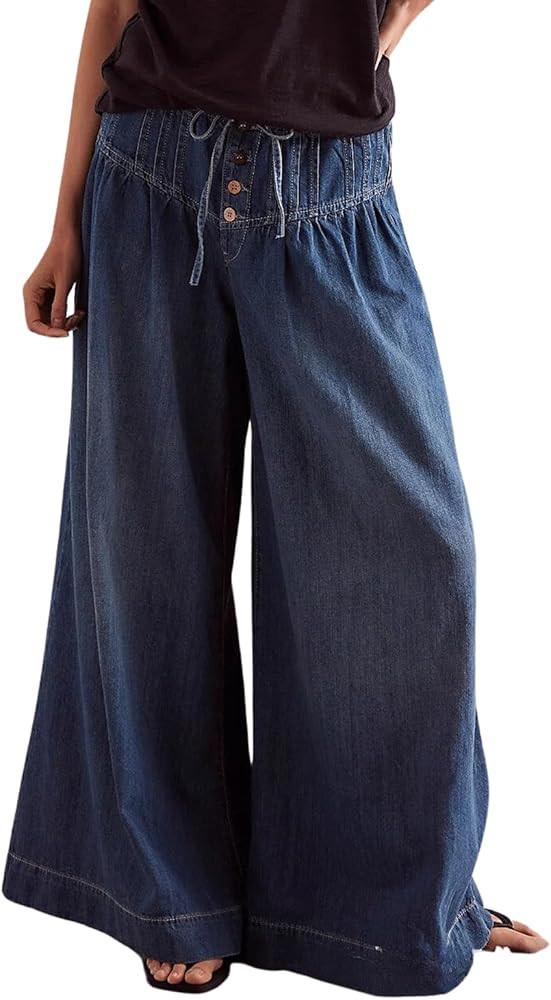 CHARTOU Women's Baggy Wide Leg Denim Pants Drawstring Midi Waisted Flare Jeans Ruffle Pleated But... | Amazon (US)