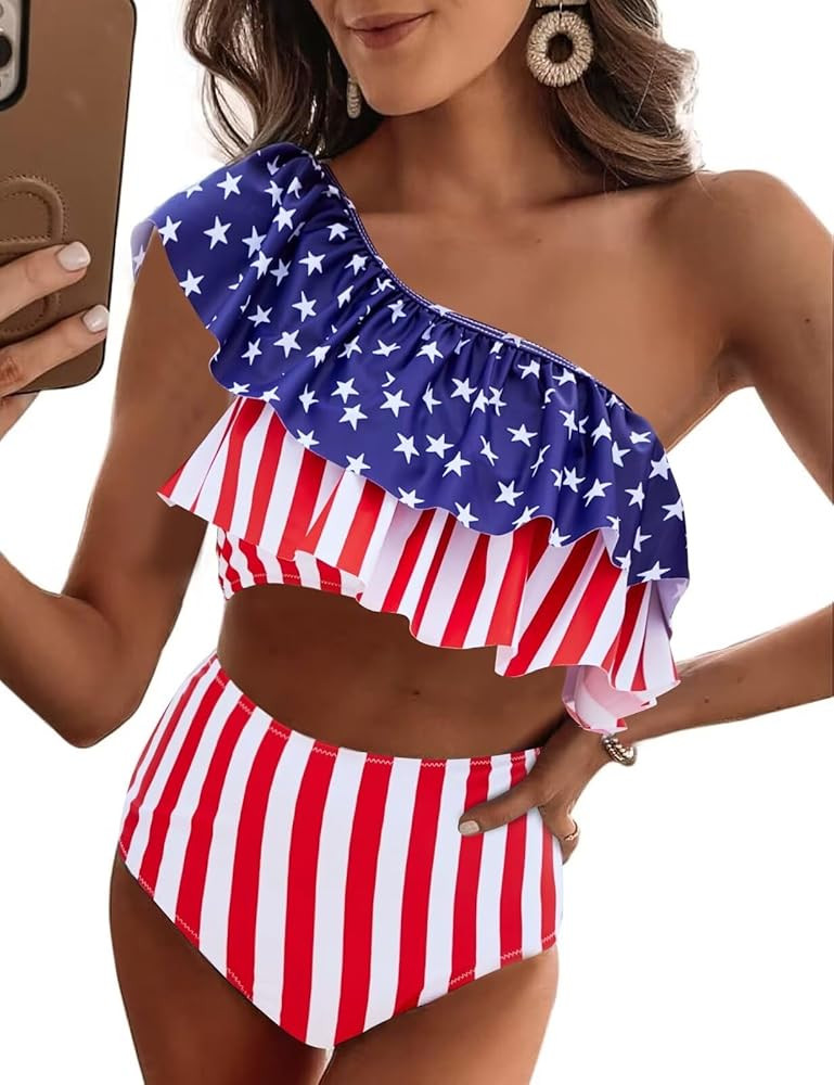 VIMPUNEC Ruffle One Shoulder Swimsuits for Women Cute High Waisted Bikini Patriotic Swim Swimsuit | Amazon (US)