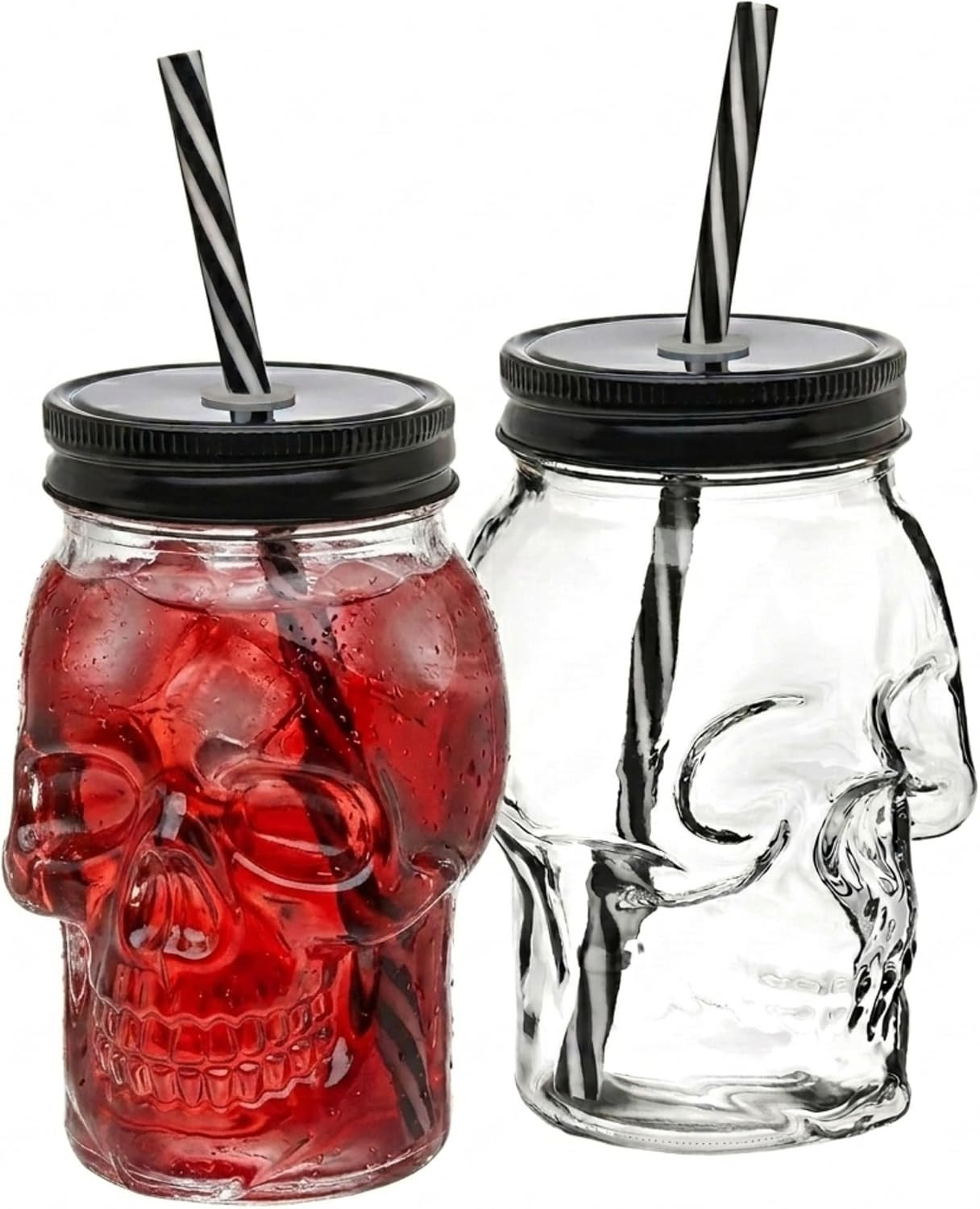 Godinger Skull Mason Jar Mug Tumbler Glass Cups with Cover and Straw, Halloween Decor, Drinking Glasses - 16oz - Set of 2 | Amazon (US)