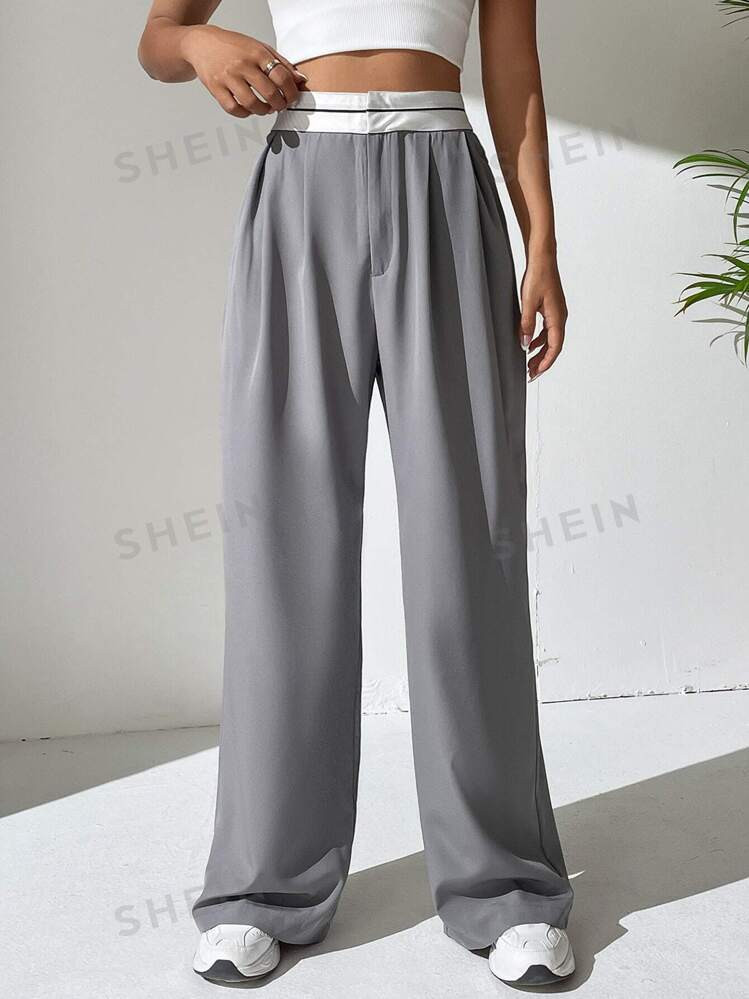 SHEIN EZwear High Waist Fold Pleated Detail Wide Leg Pants | SHEIN USA | SHEIN