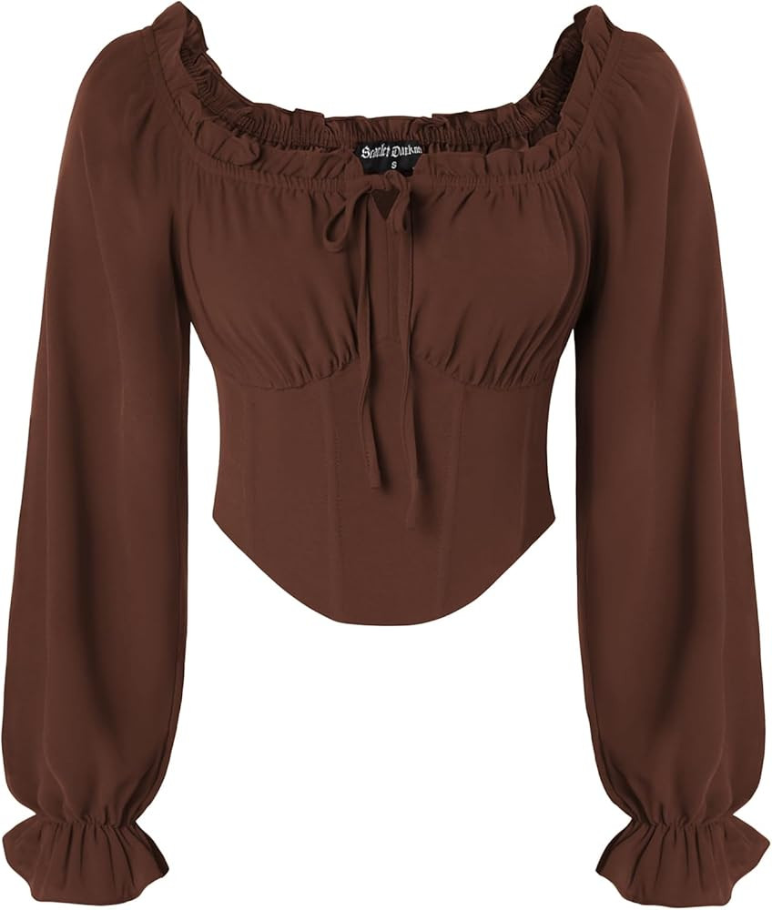 SCARLET DARKNESS Women's Medieval Crop Top Long Sleeve Corset Tops Square Collar Elastic Waist Pi... | Amazon (UK)