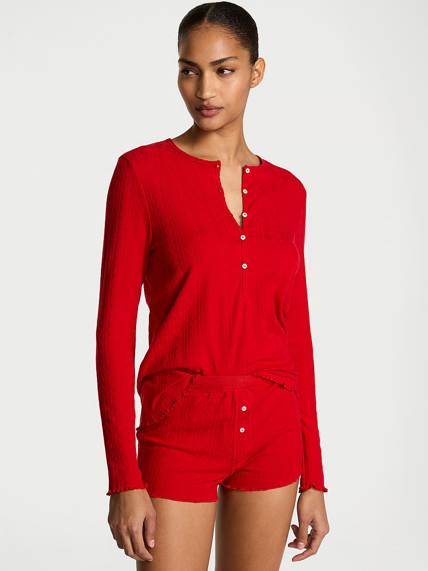 Buy Cozy Pointelle Henley Short Pajama Set, Angel Pink W Mistletoe Graphic - Order Pajamas Sets o... | Victoria's Secret (US / CA )