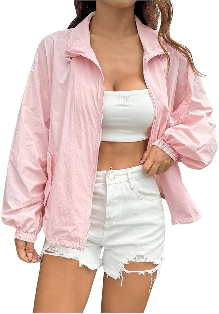 Verdusa Women's Lightweight Windbreaker Jacket Zip Up Drawstring Drop Shoulder Casual Jacket Oute... | Amazon (US)