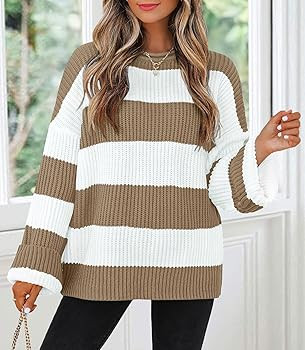 ZESICA Women's 2025 Fall Long Sleeve Oversized Striped Color Block Comfy Loose Crew Neck Knitted ... | Amazon (US)