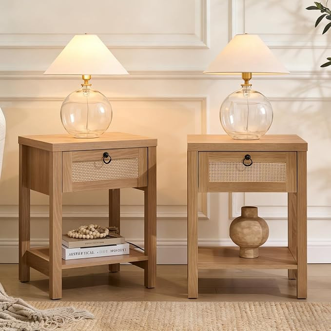 Rattan Night Stand Set of 2, Boho Bedside Table with Rattan Decor Drawer & Open Shelf, Farmhouse ... | Amazon (US)