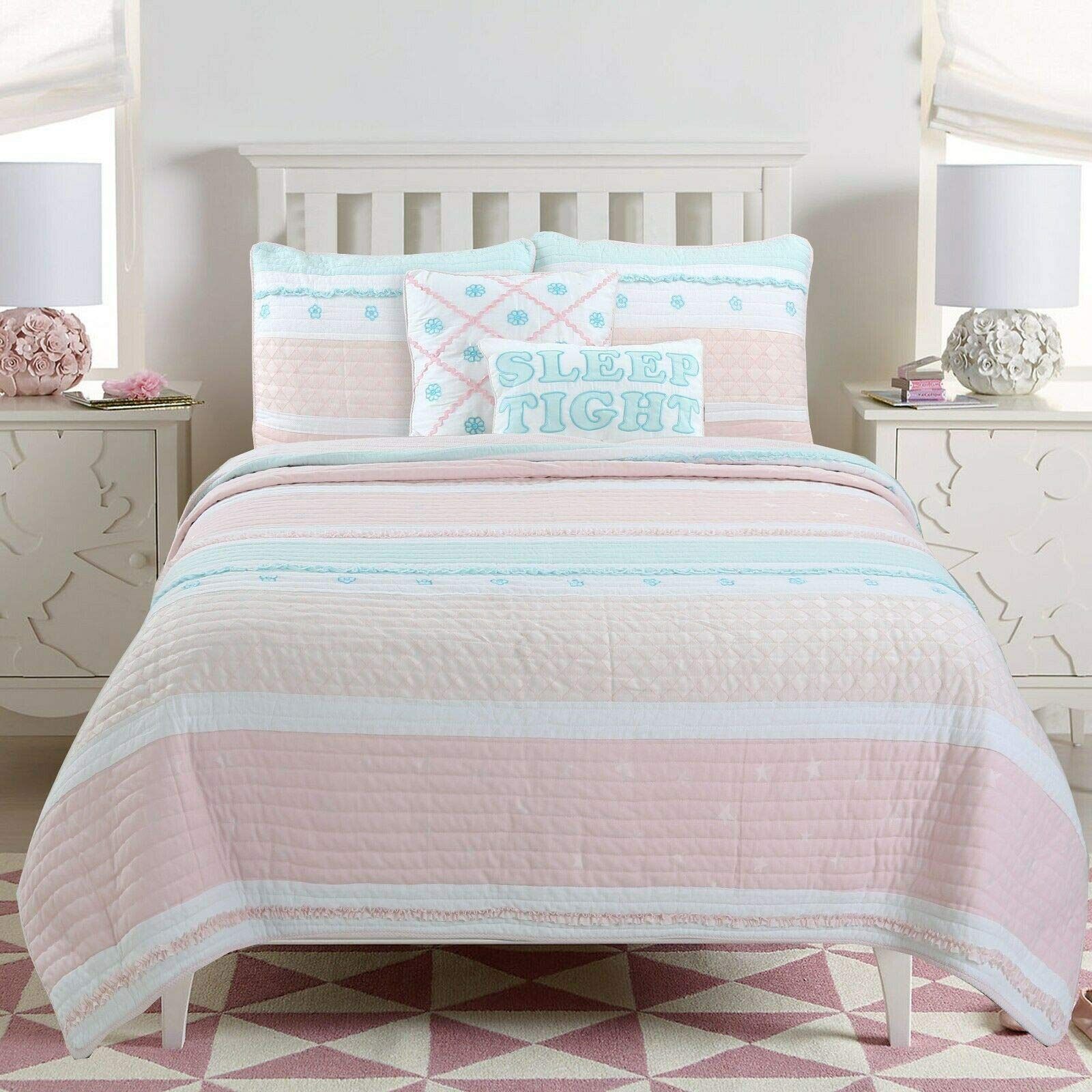 Cozy Line Light Pink Blue Ruffles Girl 100% Cotton Reversible Quilt Bedding Set (Candy, Queen - 3... | Walmart (US)
