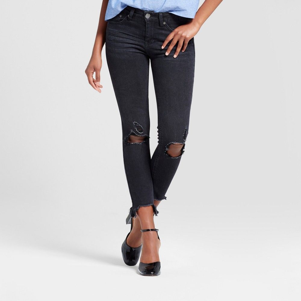 Women's Destructed Fray Hem Ankle Skinny Jeans - Almost Famous (Juniors') Black 11 | Target