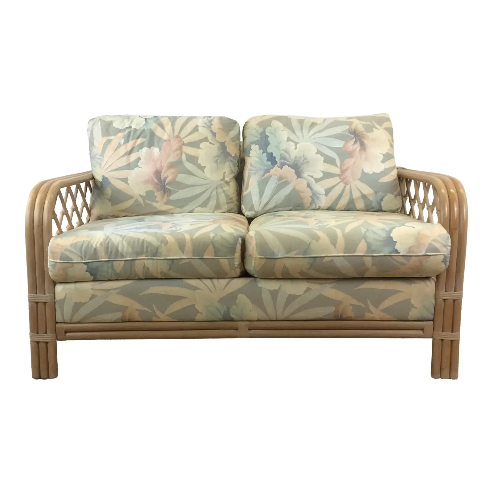 Vintage White Washed Rattan Loveseat With Floral Upholstery | Chairish