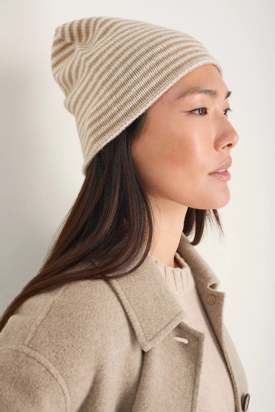 Mathilde Cashmere Hat - Oat/Ivory Stripe | WYSE London