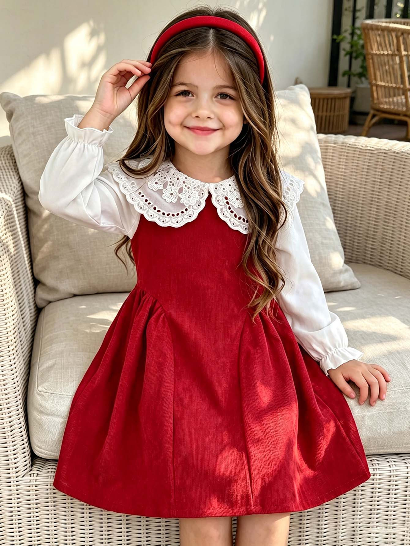 SHEIN Elladie kids 1pc Girls Korean Style Sweet Cute Princess Embroidery Lace Double Layer Peter Pan Collar Long Sleeve Ruffle Cuff Textured Fabric Asymmetrical Hem Dress, Fashionable For Party, Birthday Gift, Vacation, Travel, All Seasons | SHEIN