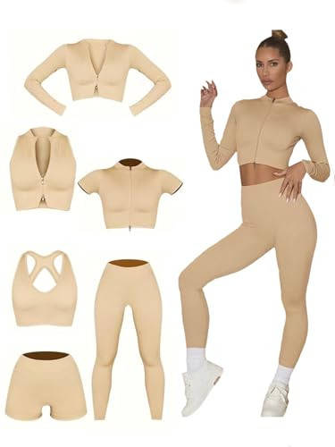 6 PCS Workout Sets for Women Ribbed Women's Athletic Clothing Sets Pilates Yoga Outfits Sports Bra Leggings Workout Set (Beidge, small) | Amazon (US)