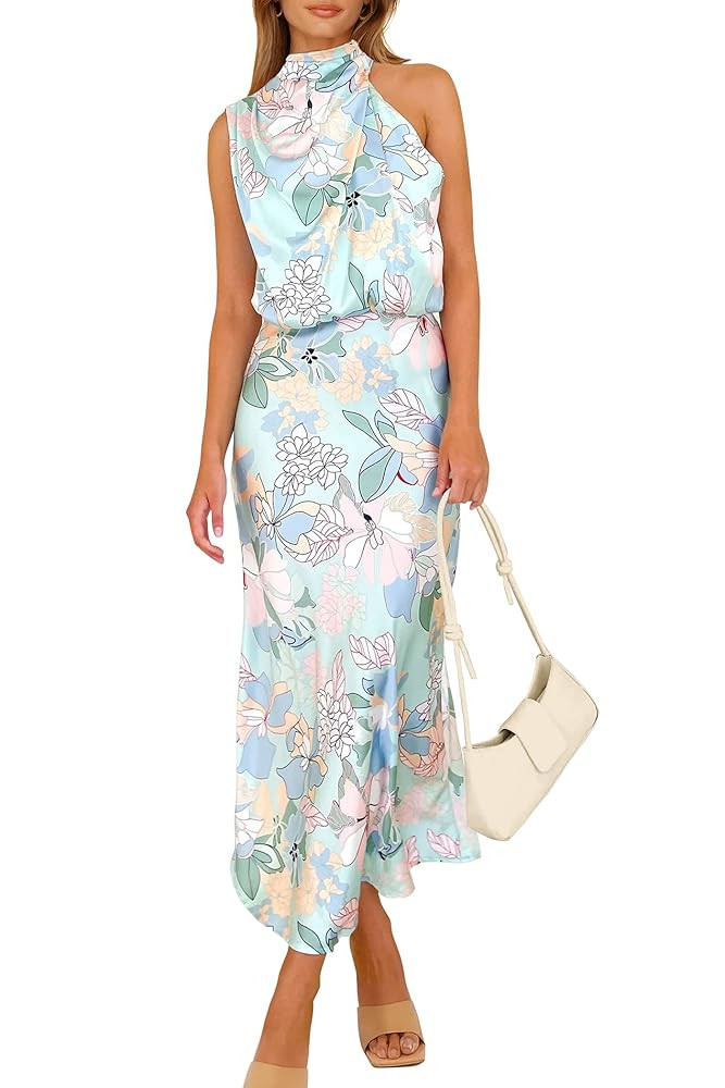 PRETTYGARDEN Women's 2025 Summer Satin Dress Elegant Sleeveless Mock Neck Cocktail Party Maxi Dre... | Amazon (US)