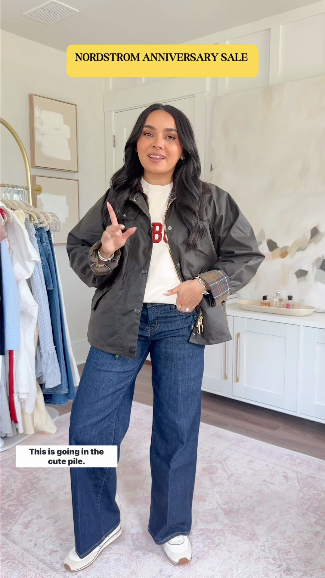 Nordstrom Anniversary Sale 

Barbour sweatshirt size 4 TTS - roomy fit
Frame jeans size 26 petite TTS
Olive Barbour jacket size 4 TTS 
White beige brown stripe sneakers size 6.5 TTS

#LTKootd #LTKPetite #LTKSaleAlert