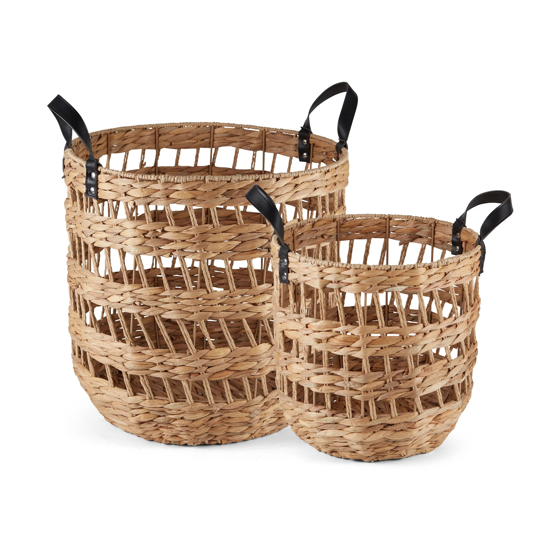 Better Homes & Gardens 2-Pack Round Storage Baskets, Woven Fabric, Black Faux Leather Handles, Na... | Walmart (US)