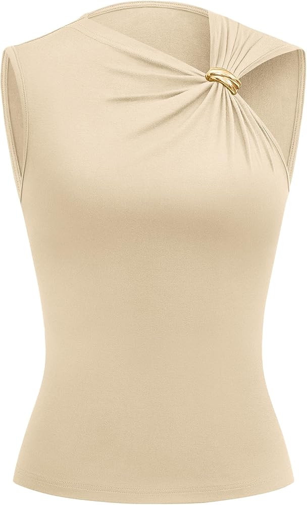 BTFBM Spring Tops for Women 2026 Asymmetrical Neck Sleeveless Going Out Summer Outfits Casual Ruc... | Amazon (US)