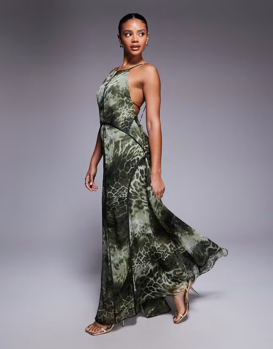 ASOS DESIGN halter low back maxi dress with binding in green animal print-Multi | ASOS (Global)