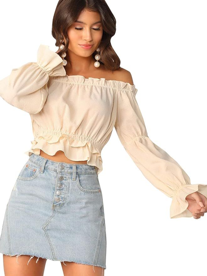 SheIn Women's Sexy Striped Off Shoulder Long Sleeve Shirt Ruffle Trim Blouses Top | Amazon (US)