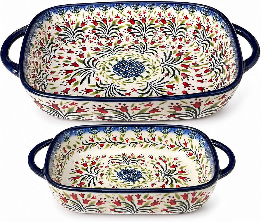 2-Piece Hand-Painted Polish Pottery Style Ceramic Baking Dish Set | Amazon (US)