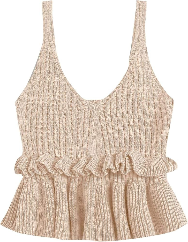 Women's Summer Ribbed Knit Strap Crop Tank Top Spaghetti Camisole Vest Top Ruffled Hem Camisole B... | Amazon (US)