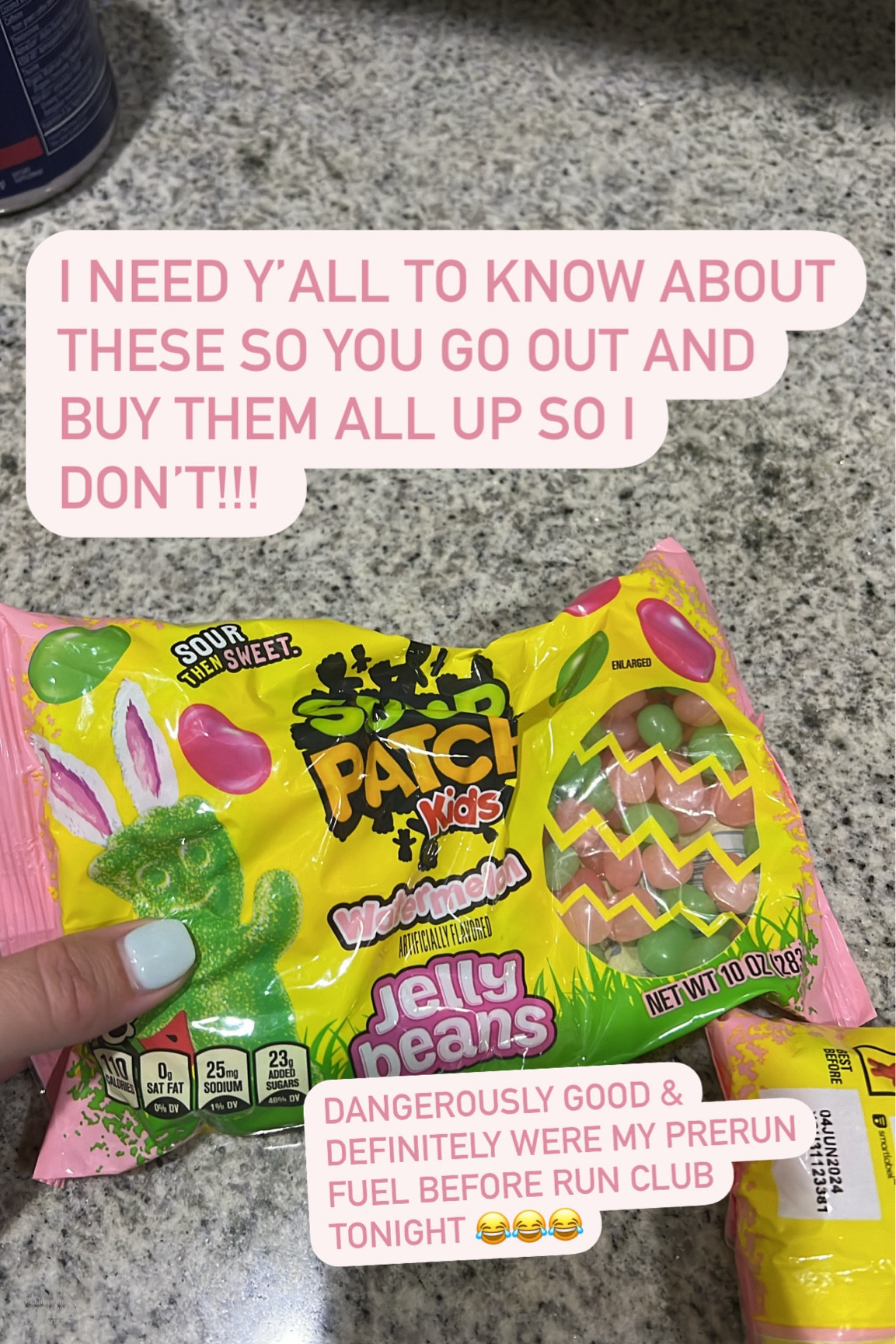 Easter candy
Run fuel 
Sour patch kids watermelon jelly beans

#LTKSeasonal #LTKfitness #LTKSpringSale