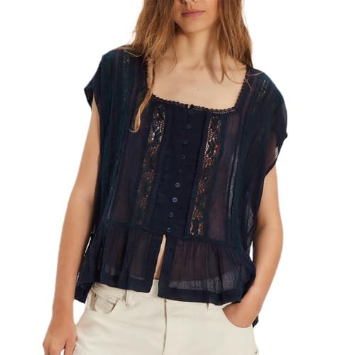 Women Y2k Semi Sheer Blouse Shirt Lace Trim Button Down Short Sleeve Round Neck Casual Going Out Tops Streetwear(Navy Blue,L) | Amazon (US)