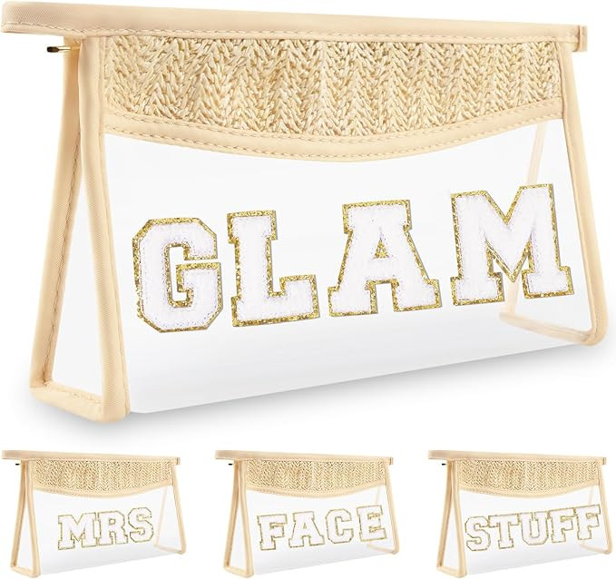 Boho Clear Makeup Letter Patch Makeup Bag GLAM Pouch, Clear Toiletry Bags Travel Small Cute Cheni... | Amazon (US)
