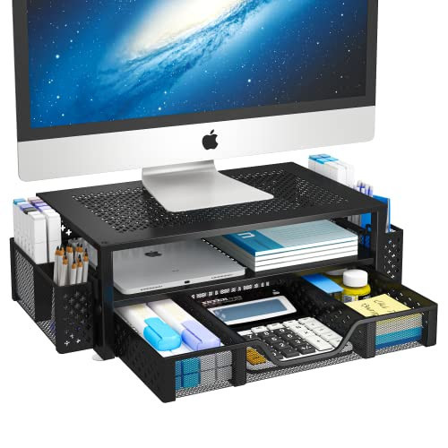 Simple Trending 2 Tier Metal Monitor Stand Monitor riser and Computer Desk Organizer with Drawer and Pen Holder for Laptop, Computer, iMac, Black | Amazon (US)