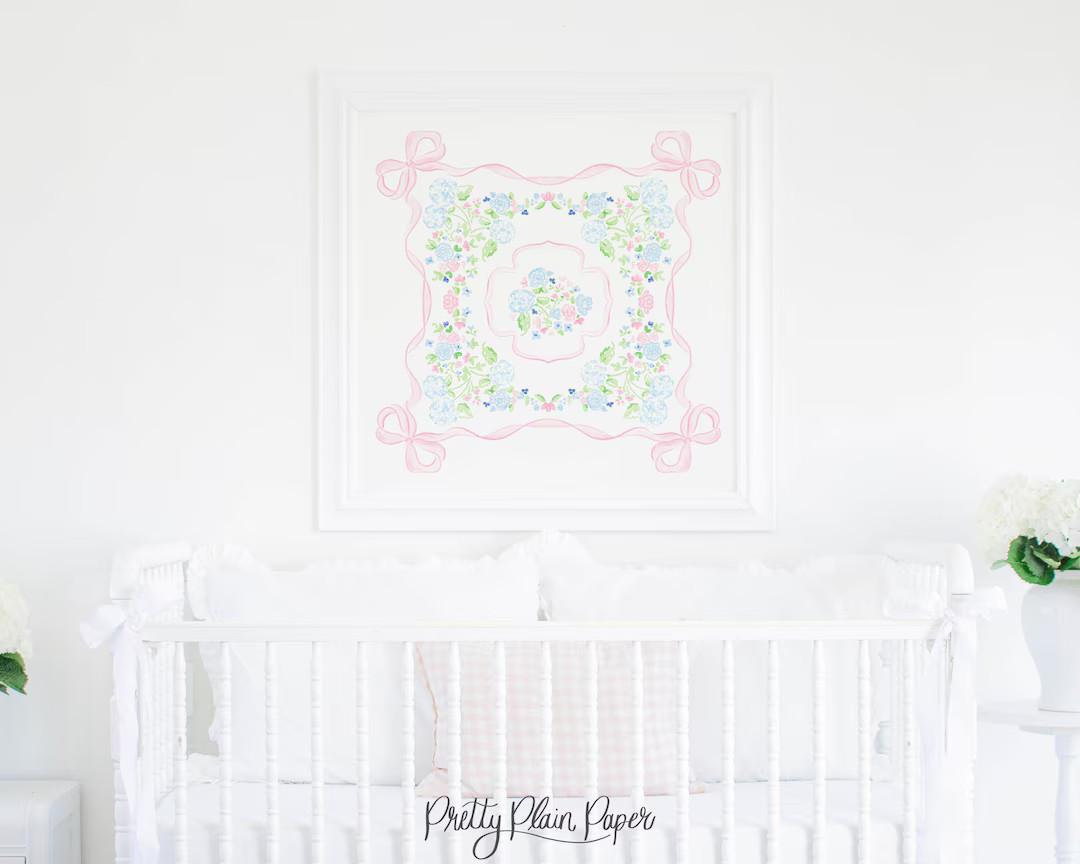 Watercolor Pink Bow & Floral Print 30x30 Grandmillennial Nursery Artwork Little Baby Girl Nursery... | Etsy (US)
