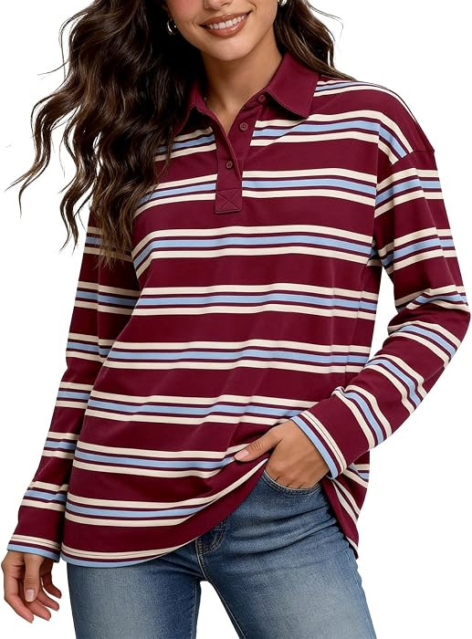 Flygo Womens Striped Polo Shirts Rugby Long Sleeve Collared Pullover Top | Amazon (US)