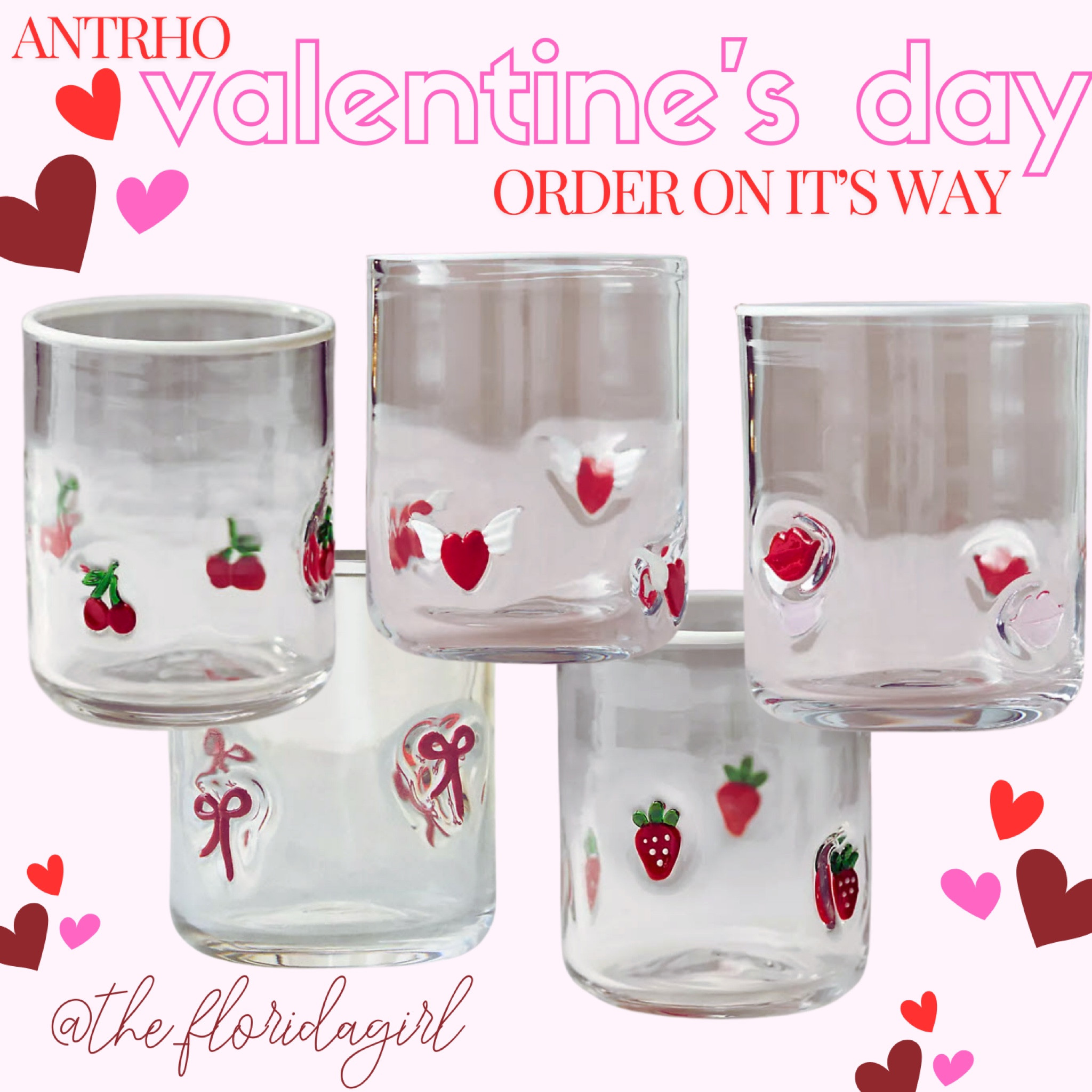 My anthro Anthropologie order icon glasses that are on the way in my cart hearts kisses strawberries cherries bows Valentine’s Day glassware barware coffee cup red pink love gift ideas party 

#LTKMostLoved #LTKSeasonal #LTKGiftGuide