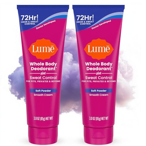 Lume Whole Body Deodorant Plus Sweat Control - Smooth Cream Tube - 72 Hour Odor And Sweat Control - Baking Soda Free, Skin Loving - 3.0 ounce (Pack of 2) (Soft Powder) | Amazon (US)