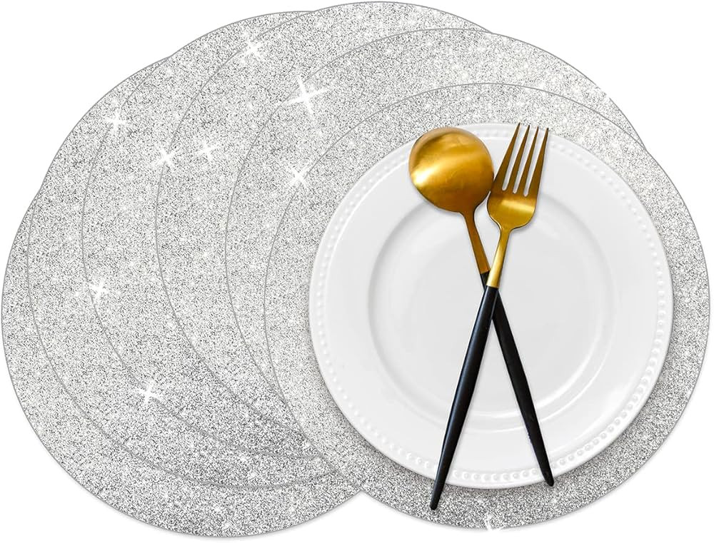 50 Pieces Silver Glitter Paper Place Mats Sparkle 14'' Round Disposable Table Mats Silver Sequin ... | Amazon (US)