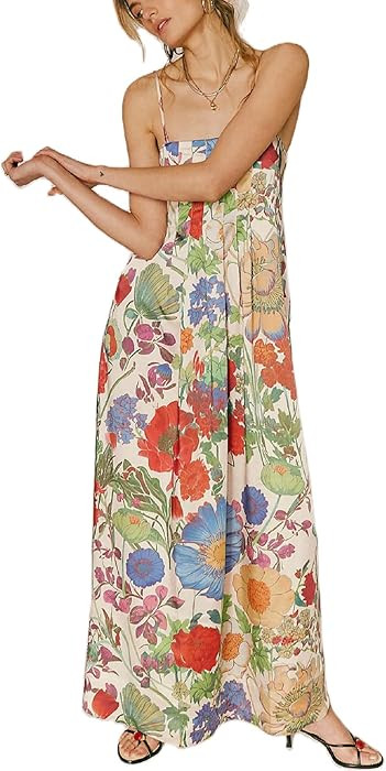Amiblvowa Women Floral Maxi Dress Sexy Sleeveless Backless A-Line Long Flowy Dress Back Cut Out S... | Amazon (US)