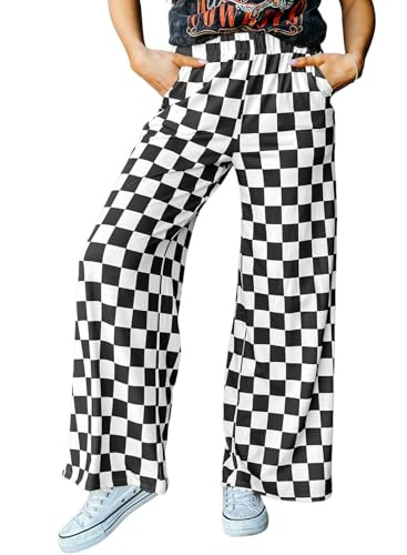 Acelitt Women's Casual Checkered Pants 2026 Spring Summer Lightweight Elastic Waist Comfy Loose Wide Leg Plaid Beach Pants Trousers Vacation Outfits Black X-Large | Amazon (US)