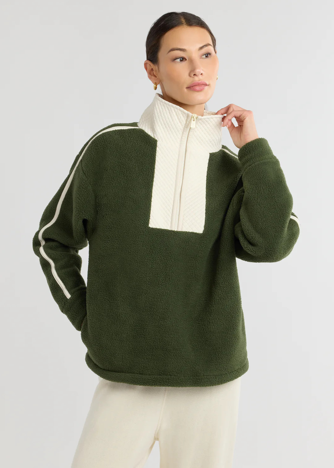 Emerson Pullover in Sherpa Fleece (Spruce/Cream) | Dudley Stephens