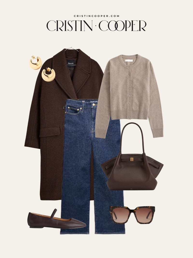 A brown wool coat is your most versatile winter investment, styled here with classic blue denim, cream cardigan, and cognac leather loafers. Gold hoops and a black tote make it effortlessly polished. 

 #LTKootd #LTKSeasonal