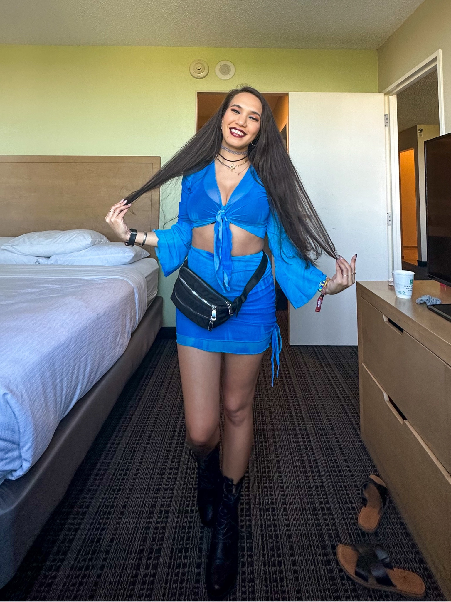 Are you looking for an outfit to wear to a music festival? I found a cute and easy two-piece set on Amazon that you might like. It comes in different colors, so if you want to match with your friends or blue isn't your preferred color, there are plenty of other options available. It is sheer, so I put my favorite Bralette top and black shorts under it and accessorized it with my Giving Key necklace and other accessories from Amazon, paired with a black fanny pack and combat boots.

#LTKbeauty #LTKFestival #LTKxSephora